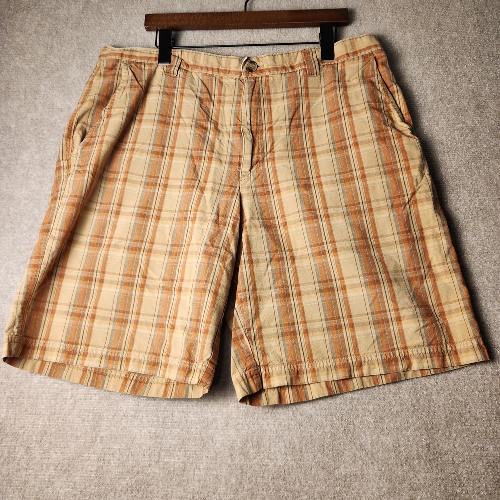 Columbia Mens Plaid Shorts Tan Orange Earth Tone Hiking Casual Outdoor Size 38